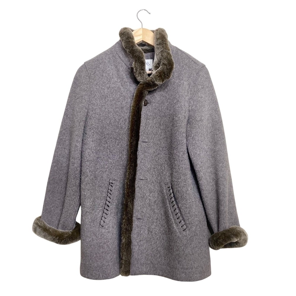 J. Jill Wool Blend Faux Fur Trim Coat Gray Button Front Women S‎